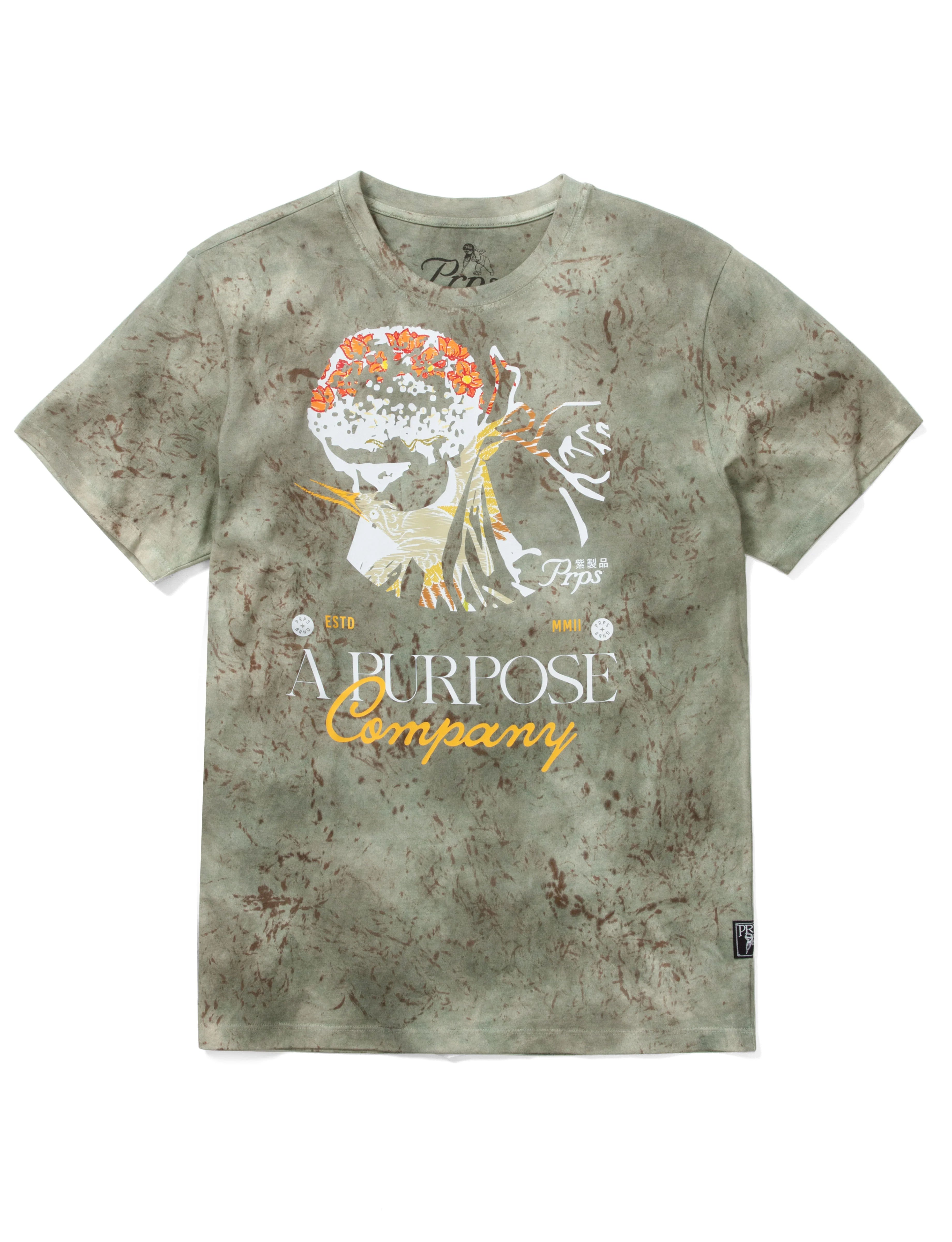 Prps Fire Tee is a men's tie-dye wash crewneck tee with digital graphics on the front and back.