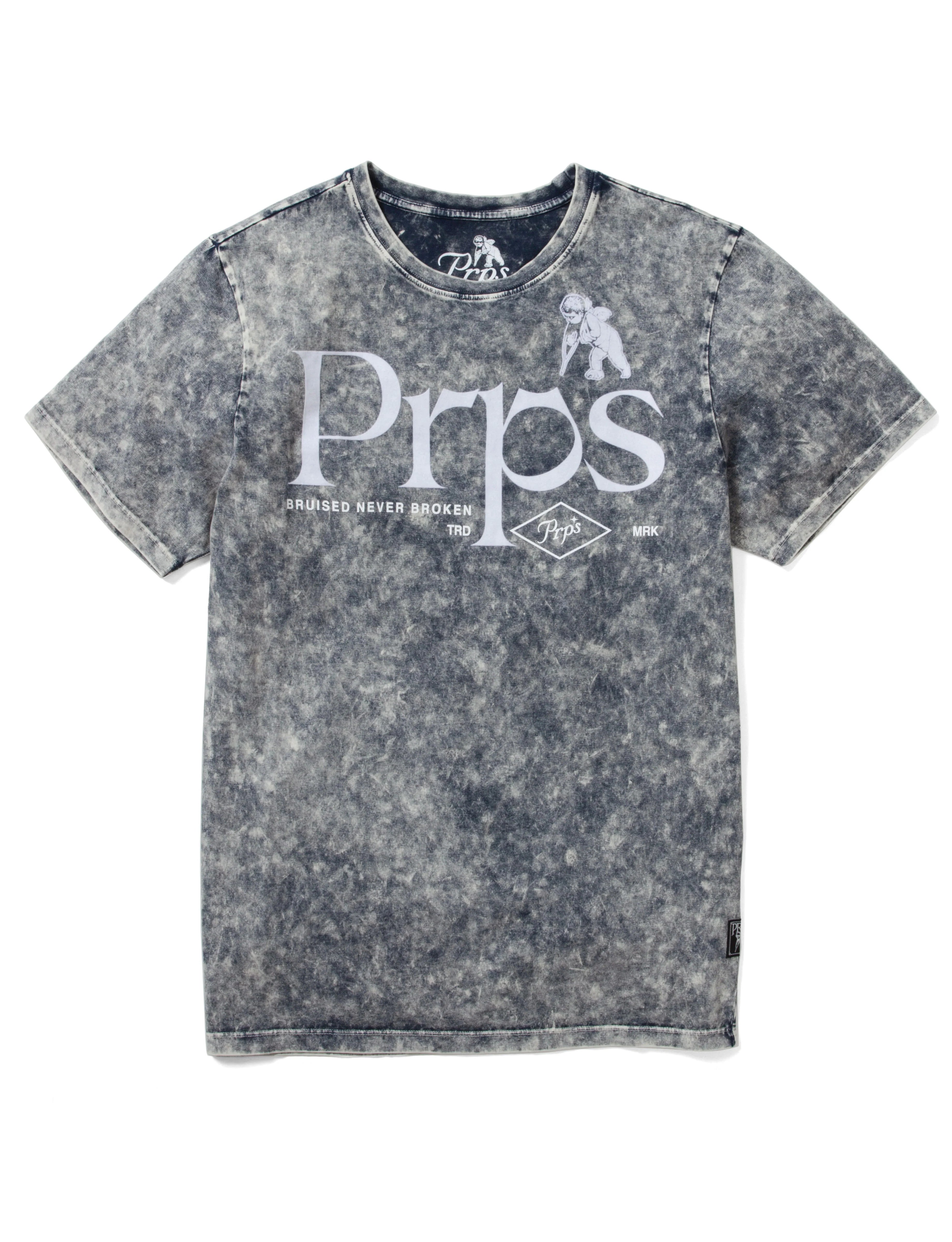 Prps Nagasaki Tee is a men's heavy bleach wash crewneck t-shirt with flocked graphics and branding.