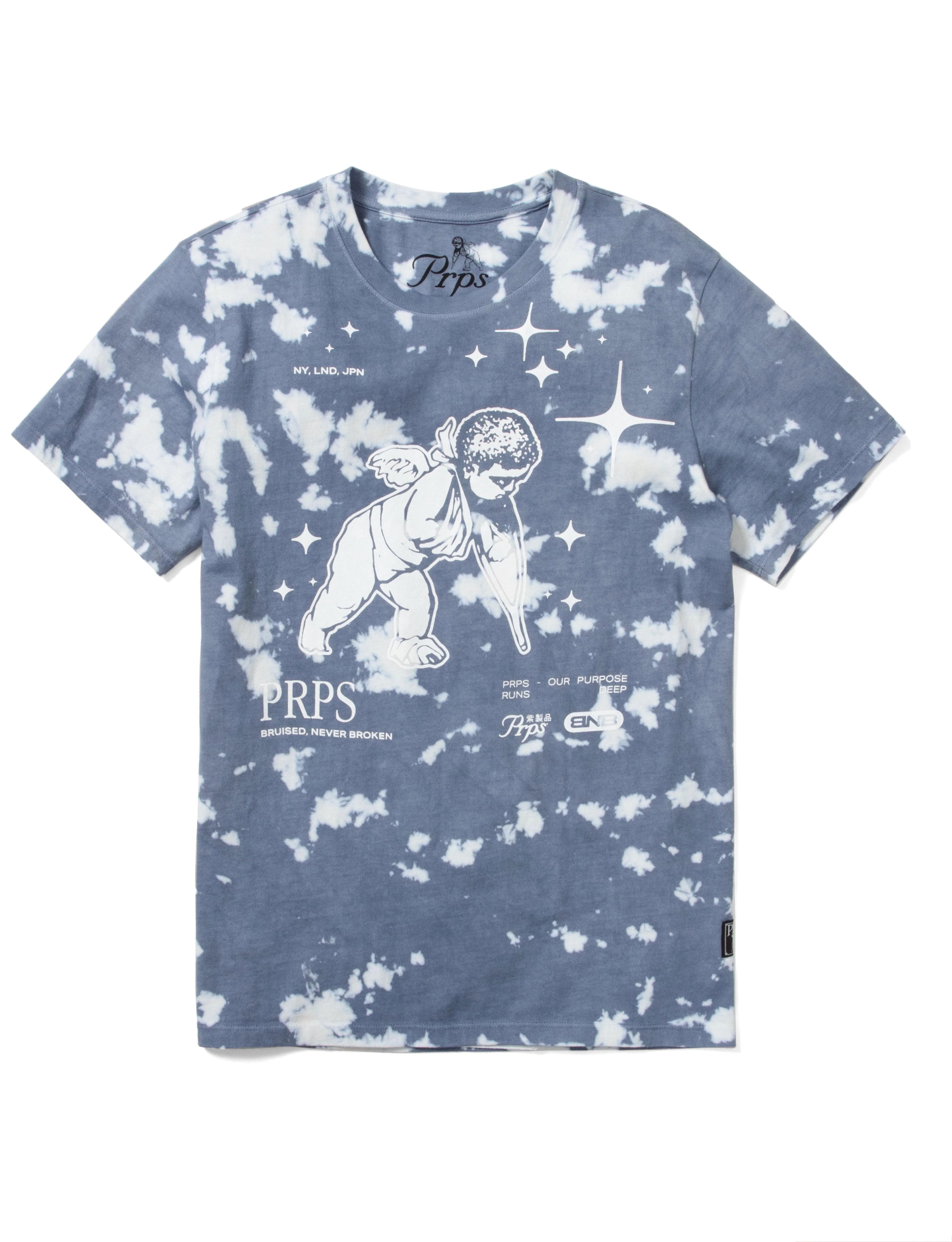 Prps Toda Tee is a men's crewneck t-shirt with a heavy bleach tie-dye wash and screen printed graphics.